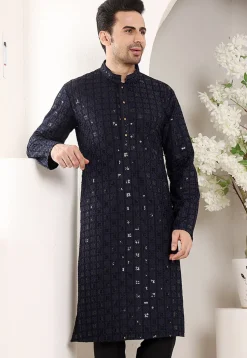 Embroidered Viscose Silk Kurta in Navy Blue