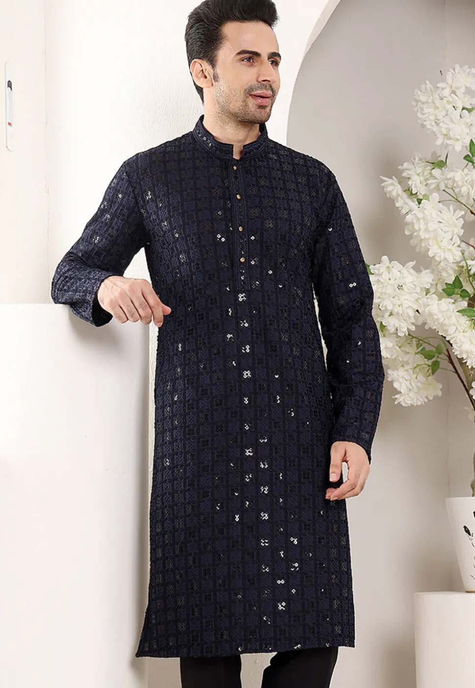 Embroidered Viscose Silk Kurta in Navy Blue