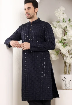 Embroidered Viscose Silk Kurta in Navy Blue
