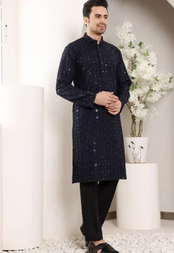 Embroidered Viscose Silk Kurta in Navy Blue