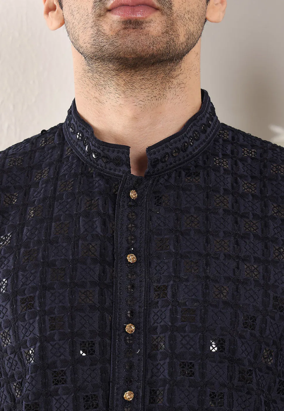 Embroidered Viscose Silk Kurta in Navy Blue