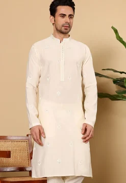 Embroidered Viscose Silk Kurta in Cream