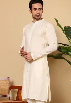 Embroidered Viscose Silk Kurta in Cream
