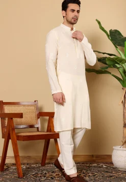 Embroidered Viscose Silk Kurta in Cream