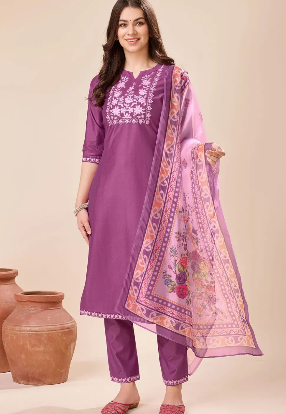 Embroidered Viscose Silk Pakistani Suit in Purple