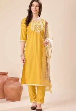 Embroidered Viscose Silk Pakistani Suit in Mustard