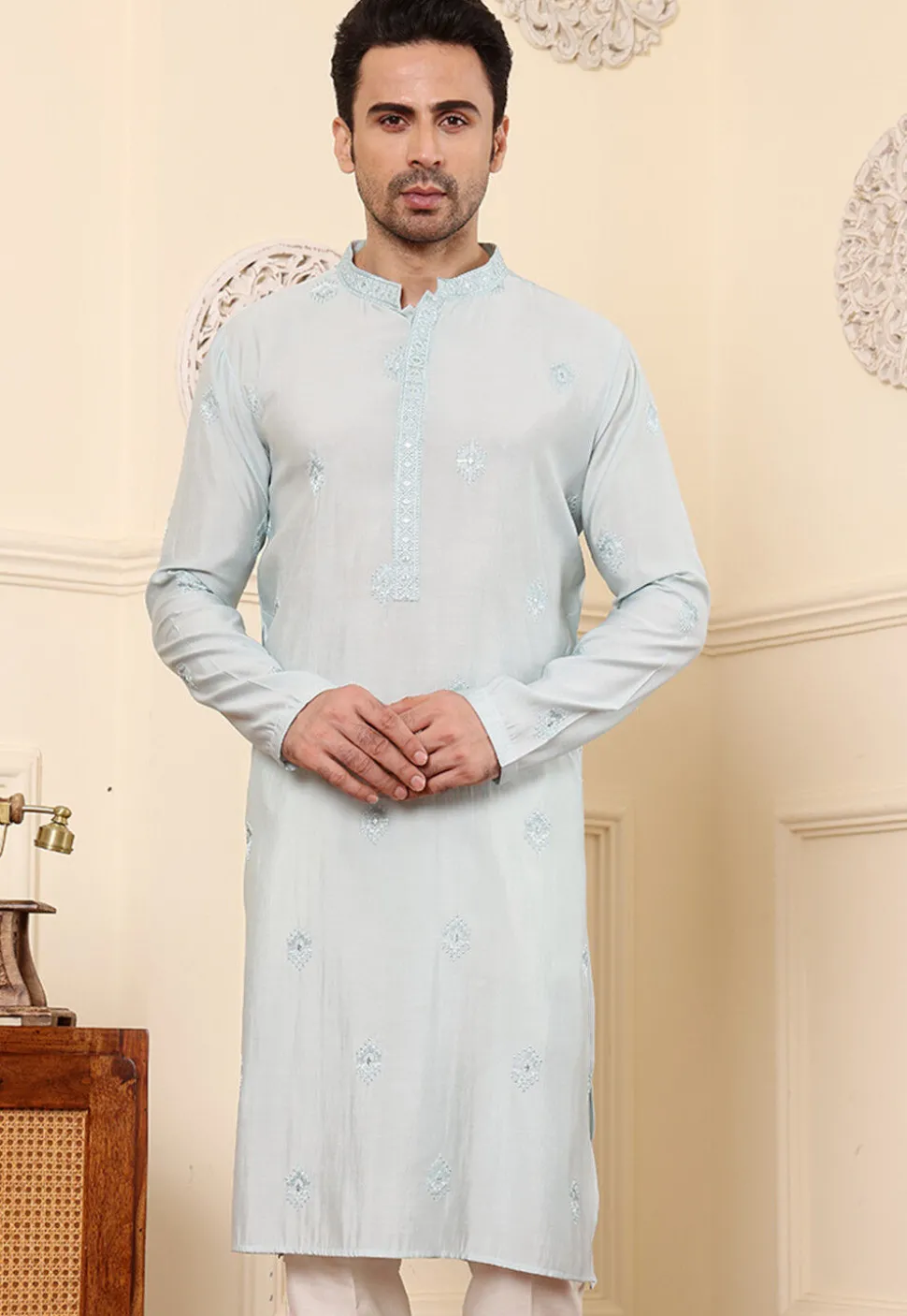 Embroidered Viscose Silk Kurta in Light Blue