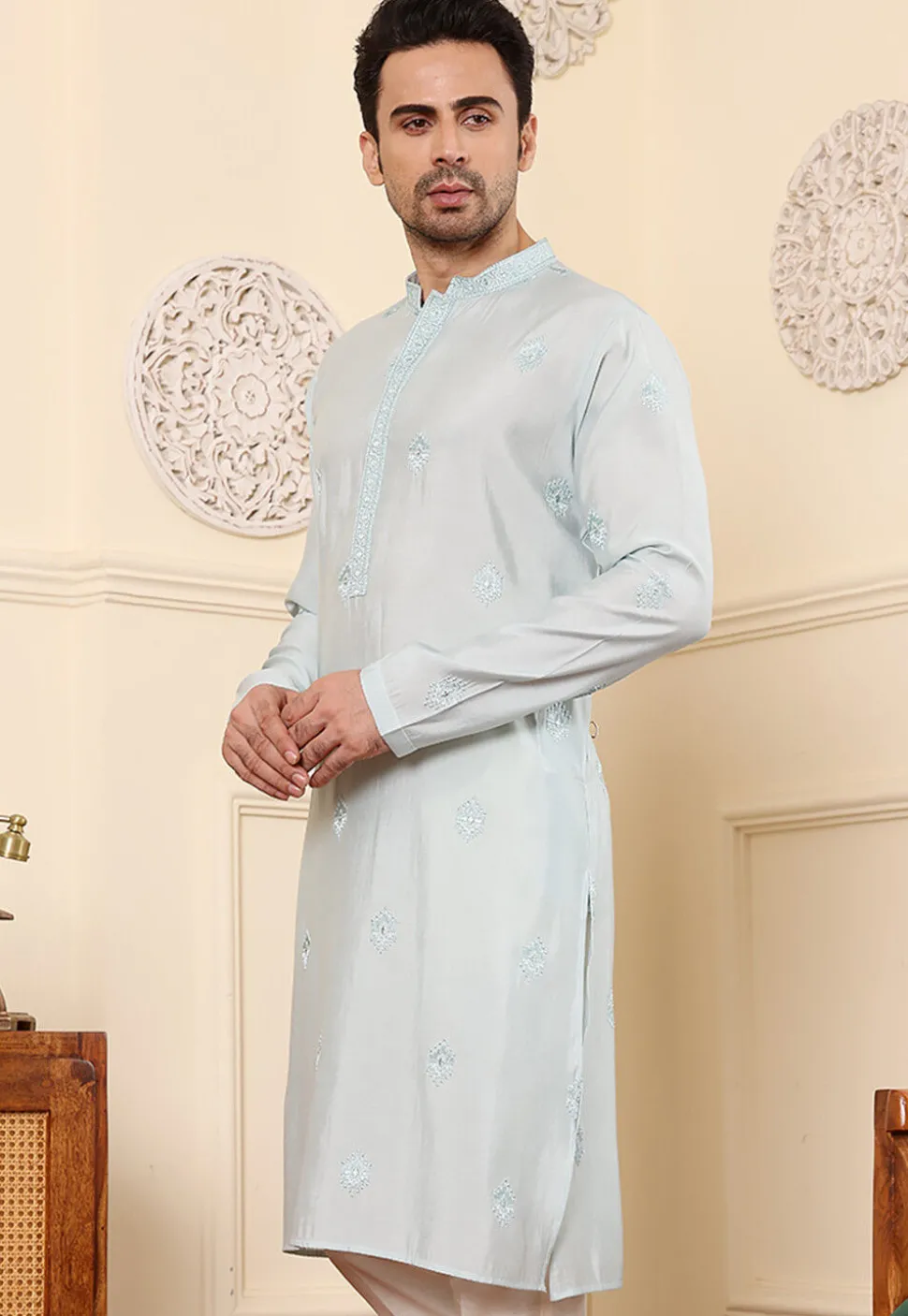 Embroidered Viscose Silk Kurta in Light Blue