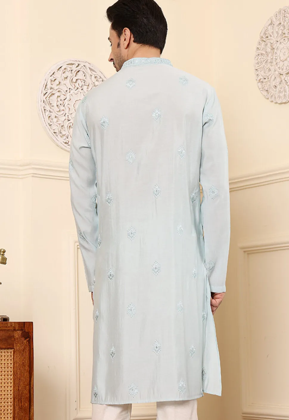 Embroidered Viscose Silk Kurta in Light Blue