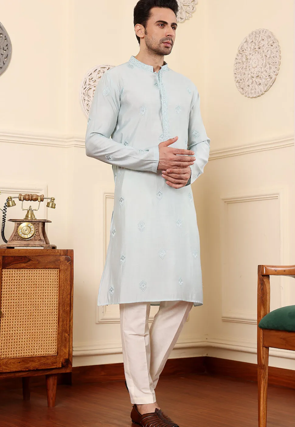Embroidered Viscose Silk Kurta in Light Blue