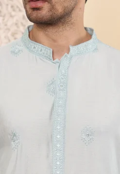 Embroidered Viscose Silk Kurta in Light Blue