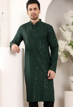 Embroidered Viscose Silk Kurta in Dark Green