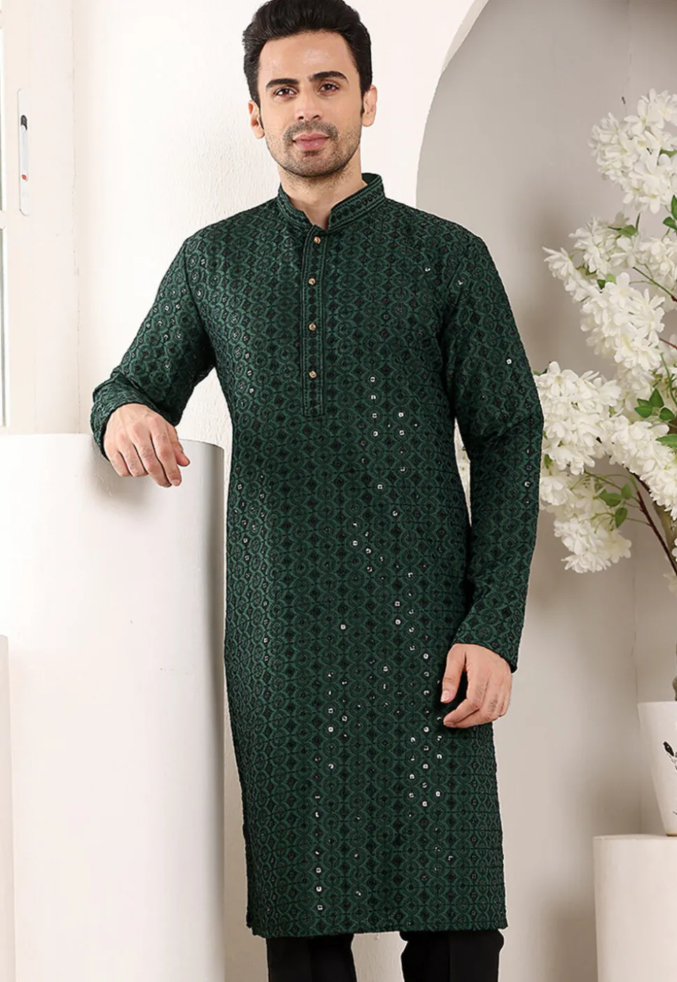 Embroidered Viscose Silk Kurta in Dark Green