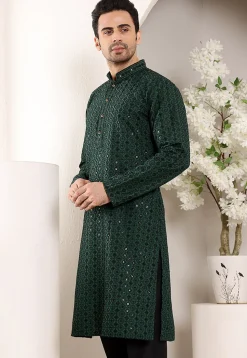Embroidered Viscose Silk Kurta in Dark Green