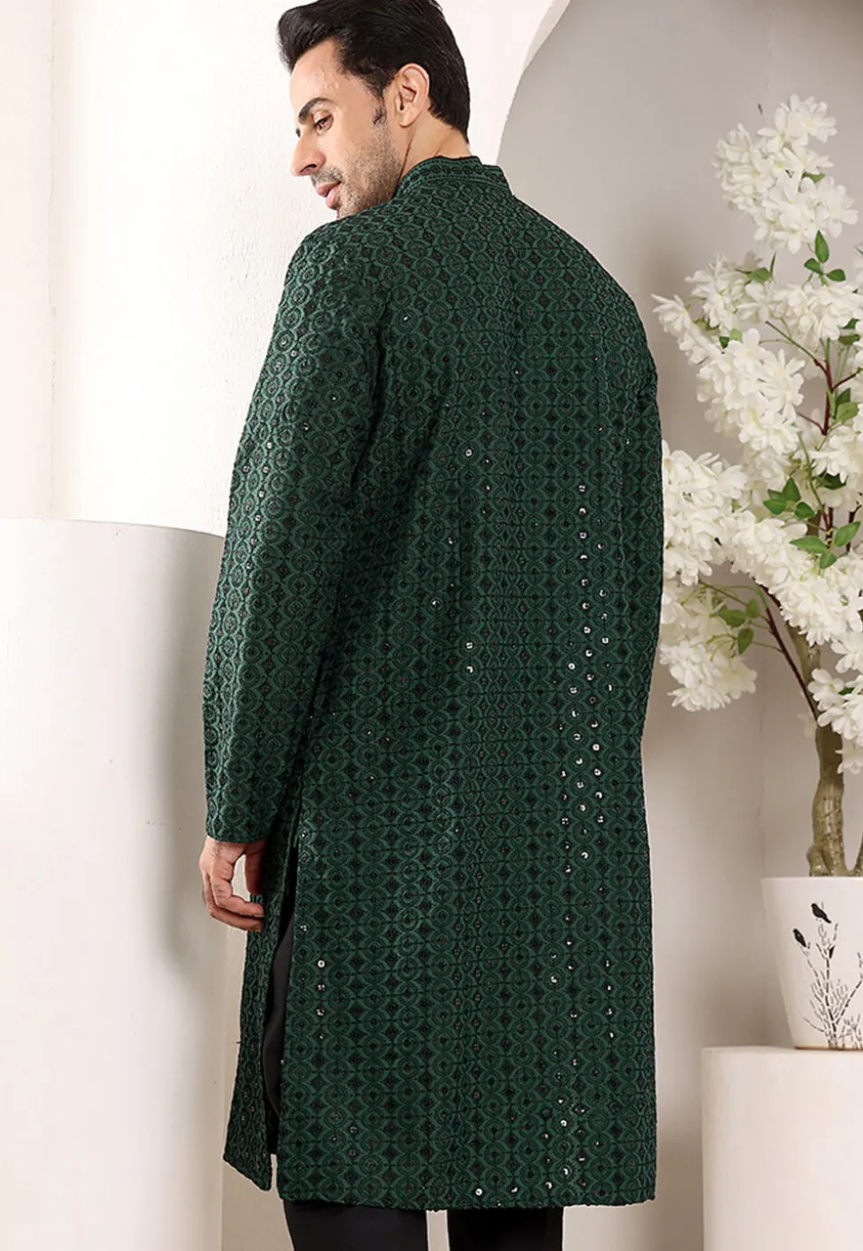 Embroidered Viscose Silk Kurta in Dark Green