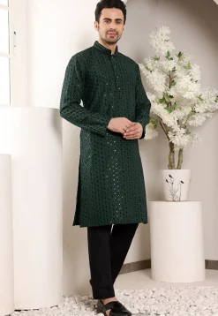 Embroidered Viscose Silk Kurta in Dark Green