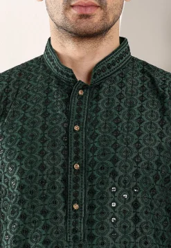 Embroidered Viscose Silk Kurta in Dark Green