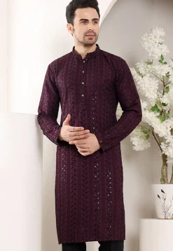 Embroidered Viscose Silk Kurta in Violet