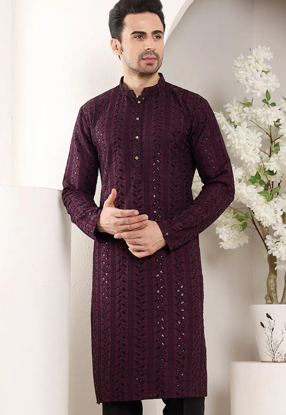 Embroidered Viscose Silk Kurta in Violet