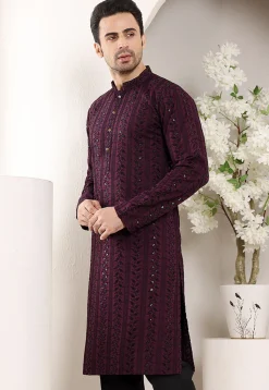 Embroidered Viscose Silk Kurta in Violet
