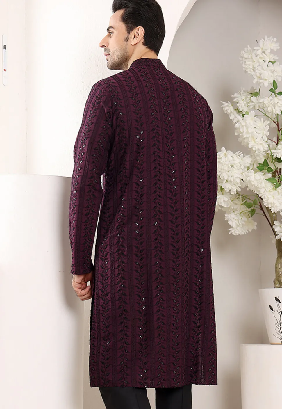 Embroidered Viscose Silk Kurta in Violet