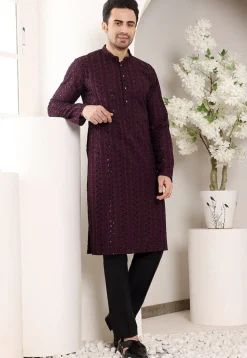 Embroidered Viscose Silk Kurta in Violet