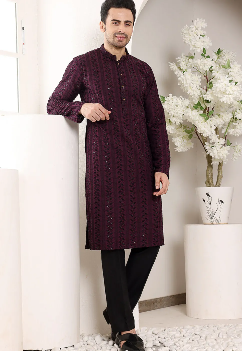 Embroidered Viscose Silk Kurta in Violet