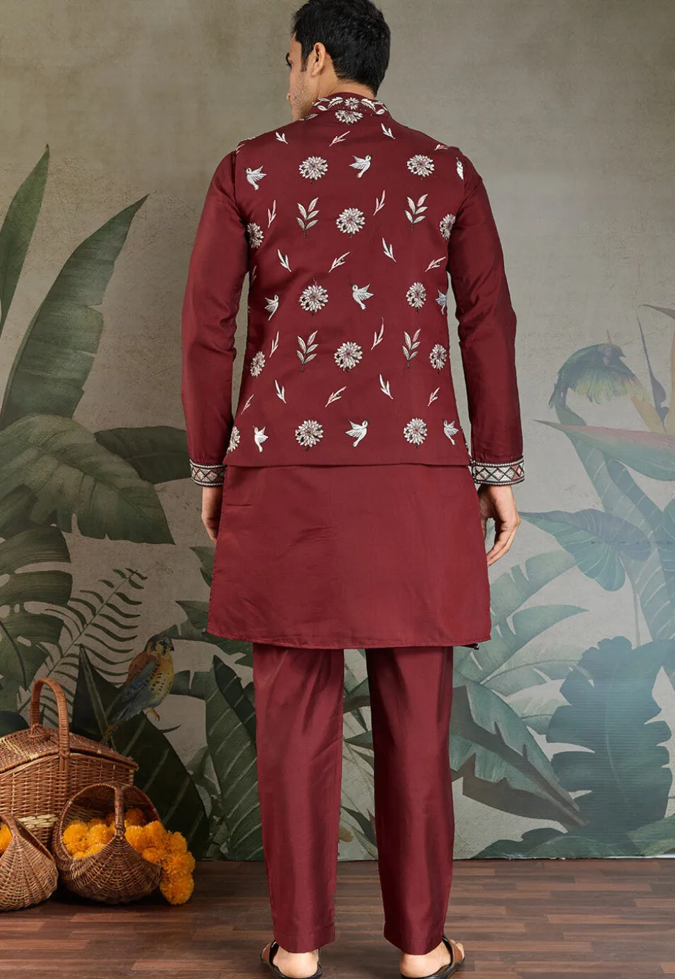 Embroidered Viscose Silk Kurta Set in Maroon