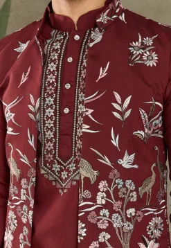 Embroidered Viscose Silk Kurta Set in Maroon