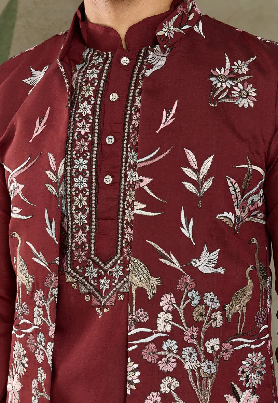 Embroidered Viscose Silk Kurta Set in Maroon