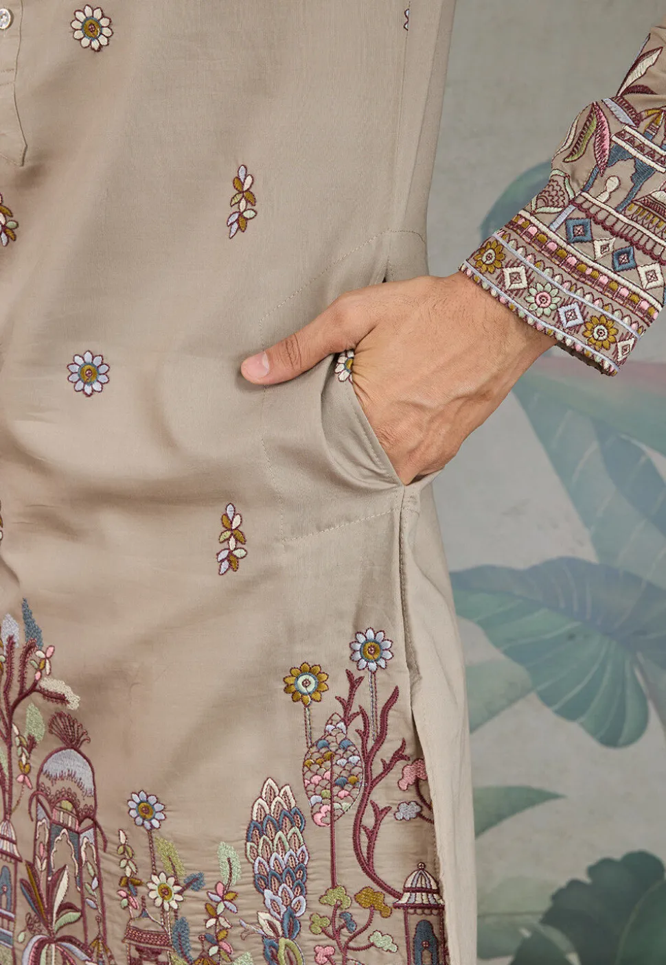 Embroidered Viscose Silk Kurta in Grey