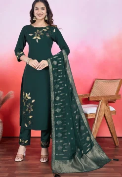 Embroidered Viscose Silk Pakistani Suit in Dark Green