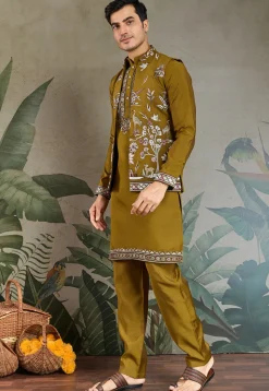 Embroidered Viscose Silk Kurta Set in Olive Green