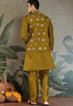 Embroidered Viscose Silk Kurta Set in Olive Green