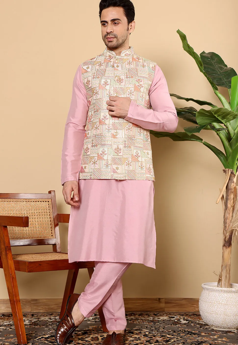 Embroidered Viscose Silk Kurta Set in Pink and Off White