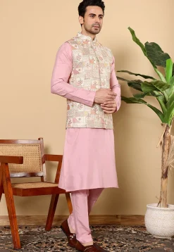 Embroidered Viscose Silk Kurta Set in Pink and Off White