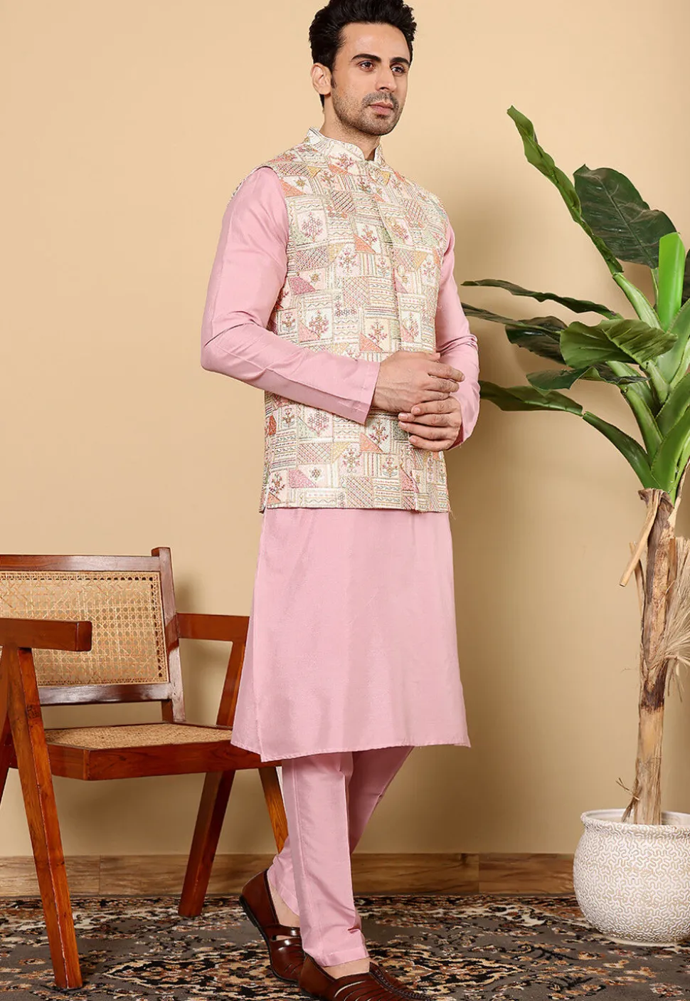 Embroidered Viscose Silk Kurta Set in Pink and Off White