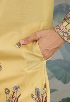 Embroidered Viscose Silk Kurta in Yellow