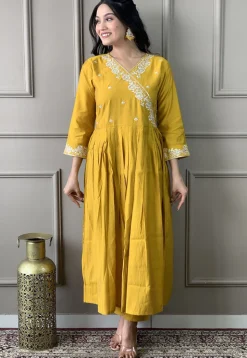 Embroidered Viscose Silk A Line Suit in Mustard
