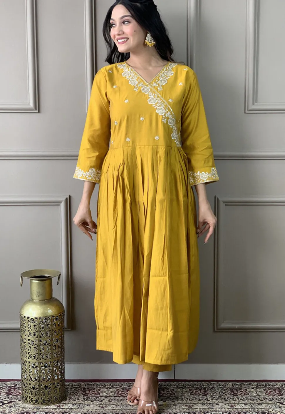 Embroidered Viscose Silk A Line Suit in Mustard