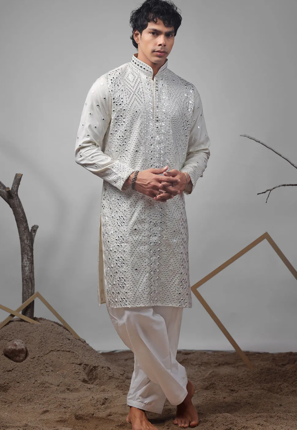 Embroidered Viscose Silk Kurta Set in Off White