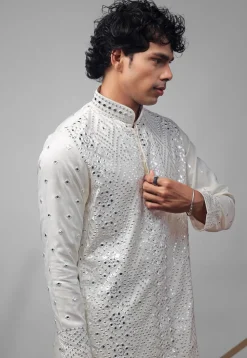 Embroidered Viscose Silk Kurta Set in Off White