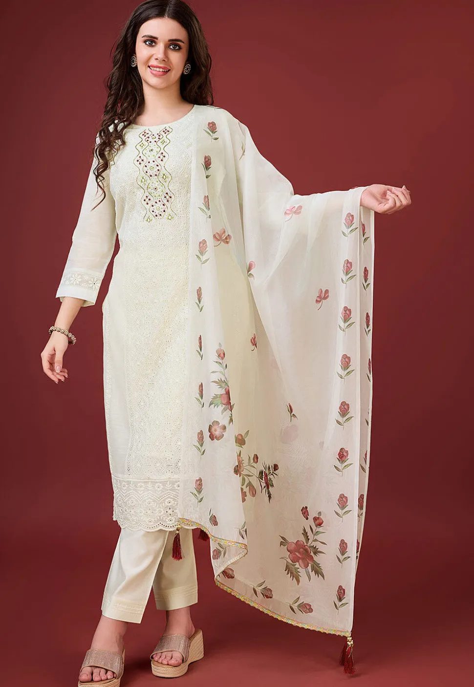 Embroidered Viscose Silk Pakistani Suit in Off White