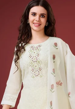 Embroidered Viscose Silk Pakistani Suit in Off White