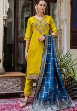 Embroidered Viscose Silk Pakistani Suit in Yellow