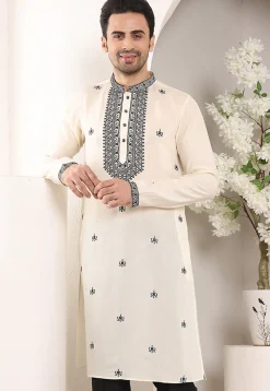 Embroidered Viscose Silk Kurta in Off White
