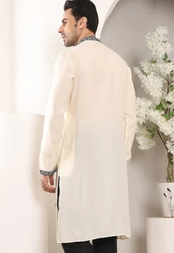 Embroidered Viscose Silk Kurta in Off White