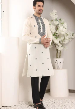 Embroidered Viscose Silk Kurta in Off White