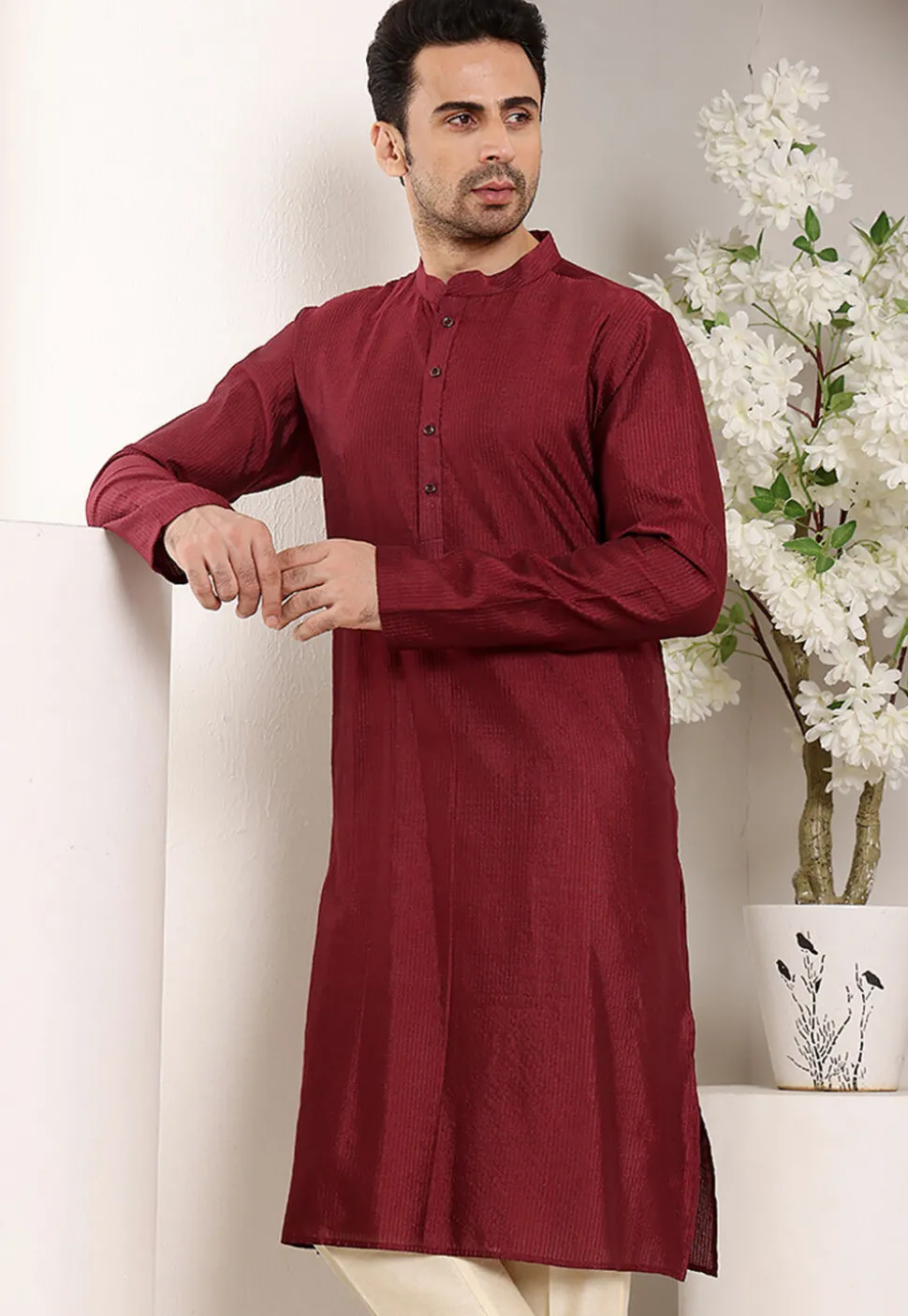 Embroidered Viscose Silk Kurta in Maroon