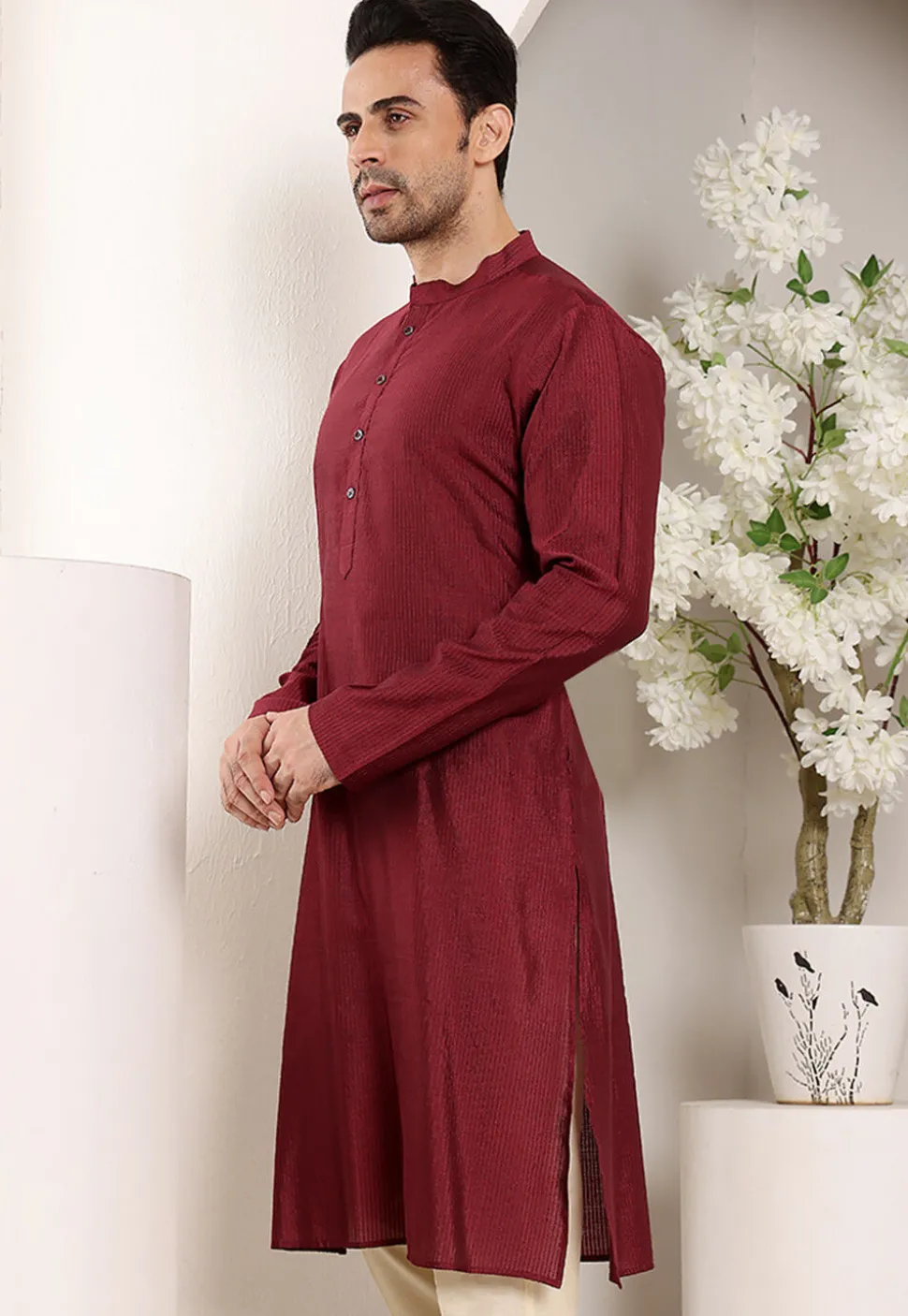 Embroidered Viscose Silk Kurta in Maroon